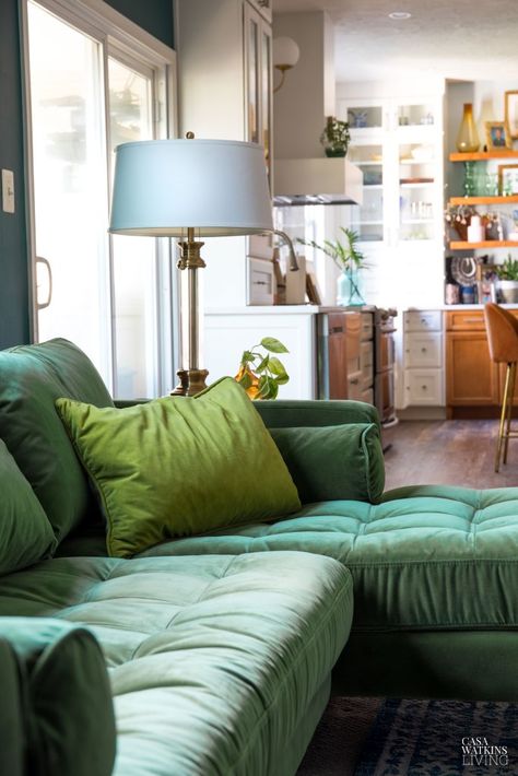 The Green Velvet Sectional Sofa for Modern Boho Style Lovers! - Casa Watkins Living Teal Blue Living Room, Green Velvet Sectional, Blue Walls Living Room, Velvet Sectional Sofa, Modern Boho Style, Modern Boho Living Room, Velvet Furniture, Velvet Sectional, Velvet Living Room