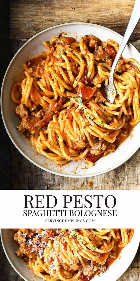 Traditional Bolognese, Pesto Spaghetti, Red Pesto, Best Pasta Recipes, Spaghetti Bolognese, Dumpling Recipe, Sun Dried Tomatoes, Pasta Noodles, Meat Sauce