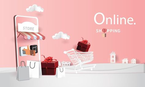 shopping online on phone paper art modern pink background gifts box Online Seller Background, Online Shopping Wallpaper, Shopping Background Wallpaper, Shopping Logo Aesthetic, Online Shop Design Instagram, Online Shopping Aesthetic, Online Shop Logo, Phone Paper, Online Background