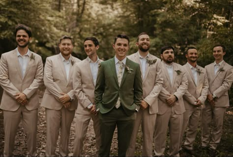 Brown Suit Groom And Groomsmen, Groom In Green Groomsmen In Tan, Green And Tan Groomsmen, Earth Tone Groom Attire, Tan And Green Wedding Party, Groomsmen Attire Olive Green, Sage Groomsmen Attire, Green And Tan Wedding, Green Groom Suit