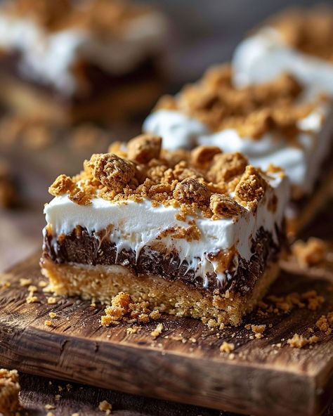 Made this tonight and it was phenomenal! Now trying to not eat all these squares at once! Recipes With Graham Cracker Crumbs, Choc Desserts, Smores Bars, Cooktop Cove, Marshmallow Smores, Casserole Kitchen, Slow Cooker Kitchen, Smore Recipes, Baker Baker