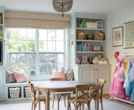 A Pretty and Functional Playroom: Yes, It's Possible! Diy Playroom Shelving, Sunroom Uses, Sunroom Playroom, Big Kids Playroom, Dream Estate, Loft Playroom, Playroom Makeover, Playroom Inspiration, Basement Playroom