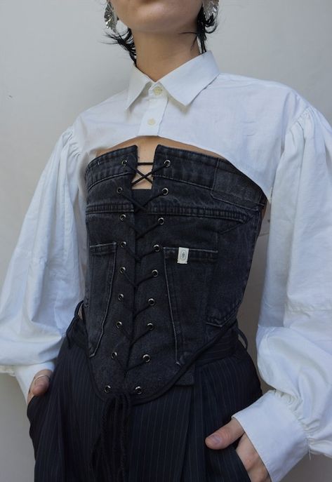 Buy & sell new, pre-owned & vintage fashion Corset And Jeans, Ropa Upcycling, Denim Bustier, Corset Outfit, Denim Corset, Futuristic Fashion, Upcycled Fashion, Straight Neckline, Mode Inspo