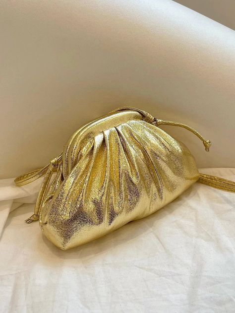 Gold Glamorous Collar  Polyamide Plain Ruched Bag Embellished   Women Bags Dinner Party Style, Gold Clutch Bag, Ruched Bag, Prom Bag, Dome Bag, Pu Bag, Gold Clutch, Adjustable Bag, Gold Bag