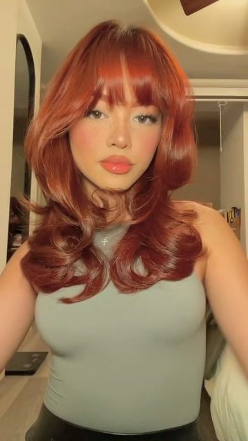 PAMELA ROSE on Instagram: "👩🏼‍🦰🍓" Copper Brown Hair With Bangs, Pamela Rose, Poppy Red Hair, Pamela Rose Hair, Short Hair Colors, Red Hair With Bangs, Ribbon Hairstyle, Red Hair Inspo, Ginger Hair Color