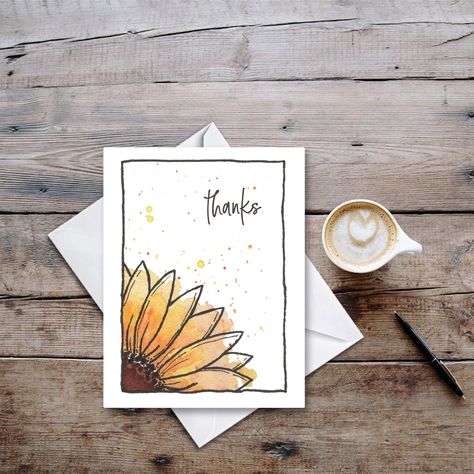 Use this sweet watercolor Sunflower card to say THANKS to someone in your life.  Acknowledging and showing gratitude has been proven to be beneficially for both the giver and the receiver.  Join the gratitude revolution with this cute card. This is a print of a hand painted card. I painted and drew the illustration and added in some additional text.  It comes with an envelope and is sized at 4.25" x 5.5".   These cards are professionally printed on 130# Matte Cardstock and cost $5 including ship Drawn Cards Handmade, Friend Watercolor Card, Painted Greeting Cards Ideas, Hand Drawn Fall Cards, Sunflower Thank You Cards, Proud Of You Gifts, Fun Thank You Cards, Thank You Card Flowers, Diy Watercolor Thank You Cards