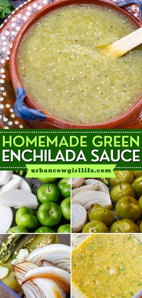 A homemade sauce for your favorite Mexican food! With the perfect blend of roasted tomatillos, garlic, and herbs, this authentic green enchilada sauce is so much better than store-bought. Save this condiment recipe! Green Salsa Recipe Tomatillos, Creamy Green Enchilada Sauce, Green Enchilada Sauce Recipe, Homemade Green Enchilada Sauce, Green Salsa Recipe, Tomatillo Recipes, Green Sauce Recipe, Enchilada Sauce Recipe, Roasted Tomatillo