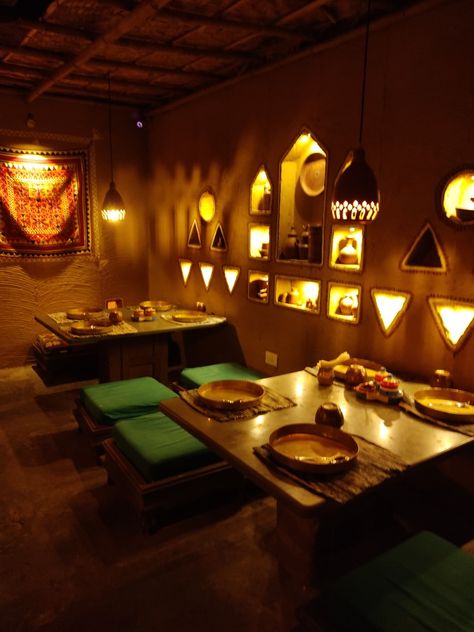 Interior design Small Indian Restaurant Design, Desi Cafe Design, Rajasthani Cafe Interior, Village Style Restaurant Interior, Indian Restraunt Interior, Desi Cafe Interior, Desi Dhaba Design Ideas, Indian Aesthetic Restaurant, Indian Style Restaurant Interior