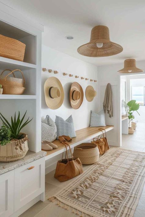 mudroom scandiboho Beach House Mudroom, Beach House Entryway, Farmhouse Tour, Coastal Entryway, Chic Beach House, Coastal Boho, Entry Way, Decoration Inspiration, Home Room Design