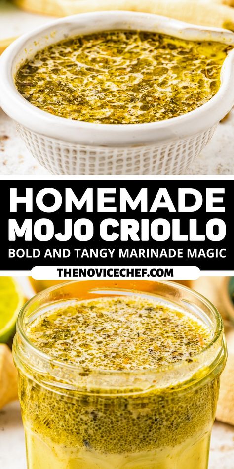 Authentic, homemade, Cuban Mojo Criollo is so easy to make, and so worth it! This bold and punchy marinade makes any meat more tender and flavorful. Use it on pork, beef, chicken, shrimp, and even veggies for that perfect Cuban flair! Mojo Criollo Recipe, Mojito Pork, Mojo Beef, Aip Dips, Cuban Mojo Marinade, Cuban Mojo Marinated Pork, Mojo Criollo, Mexican Marinade, Mojo Marinade