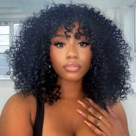 Different Types Of Curly Wigs, Curly Human Hair Wigs With Bangs, Short Curly Wig With Bangs, Curly Wig With Bangs Black Women, Curly Hair With Bangs Black Women, Gacha Stereotypes, Curly Fringe Wig, Natural Hair With Bangs, Bang Wigs