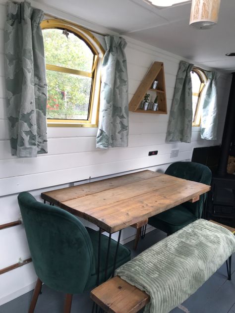 Narrowboat Bedroom Storage, Narrowboat Shelves, Traditional Narrowboat Interiors, Narrowboat Bed, Canal Boat Interior Narrowboat Layout, Canal Boat Interior, Barge Boat, Number 42, Narrowboat Interiors