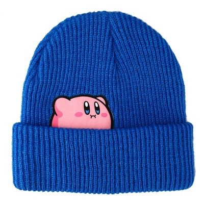 Stay warm and cozy with this Kirby cuff beanie. The beanie comes in royal blue and features a woven patch image of Kirby floating while art behind the cuff reveals a pile of food. The beanie is made with high-quality acrylic yarn materials and fits most sizes. Kirby fans will love this comfy and cozy cuff beanie. Cute Kirby, Blue Beanie, Knitted Beanie, Hat For Man, Acrylic Fabric, Knit Beanie Hat, Snack Time, Peek A Boo, Knitting Designs