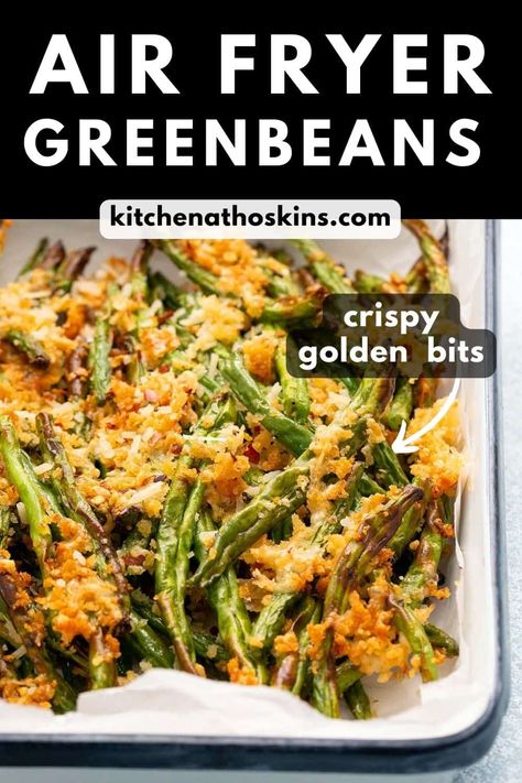 Air Fryer Green Beans recipe features tender-crisp green beans covered in crispy golden parmesan-panko bits. It cooks in 10 minutes and is hands down the most delicious green beans recipe I know! Green Beans Air Fryer Crispy, Green Beans Recipe Air Fryer, Green Bean Air Fryer Recipes, Green Bean Recipes Air Fryer, Air Fryer Green Beans Recipes, Panko Green Beans, Green Beans In Air Fryer, Green Beans Air Fryer, Easy Dinner Side Dishes