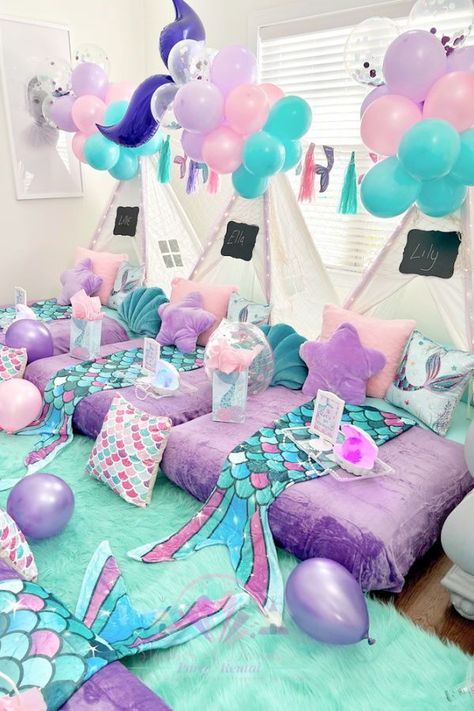 Feast your eyes on this gorgeous mermaid sleepover! Love the party decorations! See more party ideas and share yours at CatchMyParty.com Undersea Decorations, Mermaid Sleepover, Tent Sleepover, Adult Slumber Party, Mermaid Party Printables, Mermaid Party Games, Mermaid Birthday Party Ideas, Mermaid Party Invitations, Mermaid Pool Parties