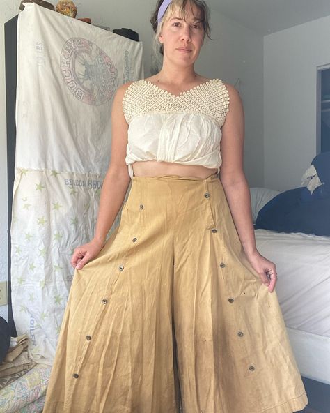 Antique split skirt riding pants. Comes with panel that buttons to each side to form skirt look in front. Lots of hand sewn repairs and wear on these, but still wearable. The most flattering wide leg pant and perfect for fall! 28” waist. DM for price/more details. #splitskirt #sportswear #ridingpant #victorian #antiqueclothing #antique #desertoasisvintage #availabledov #coloradovintage #telluride Split Riding Skirt, Riding Skirt, Cowgirl Aesthetic, Riding Pants, Split Skirt, Antique Clothing, Wide Leg Pant, Historical Clothing, Long Skirt