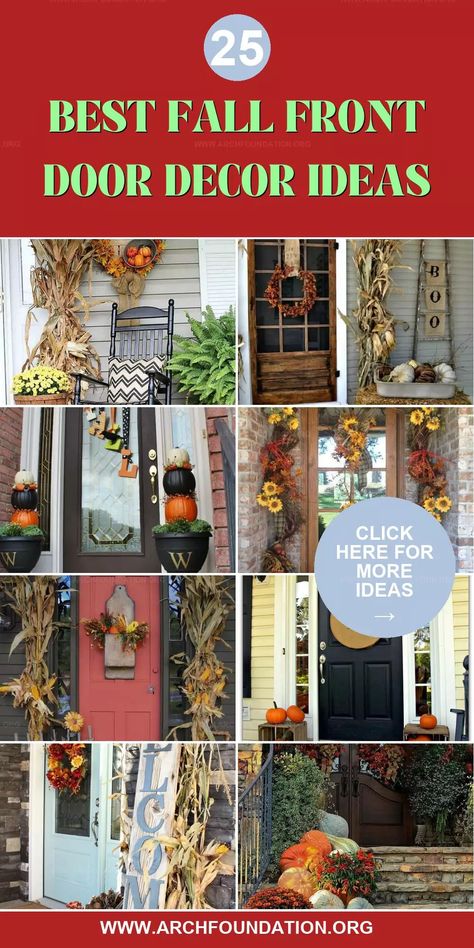 Fall is the perfect time to refresh your front door decor and make a lasting impression on all who visit. From spooky Halloween setups to rustic, harvest-inspired displays, these 25 fall front door decor ideas offer endless inspiration for creating the perfect seasonal entrance. Whether you’re aiming for a bold and colorful arrangement or a simple yet elegant look, you’ll find plenty of ways to incorporate pumpkins, wreaths, and DIY garlands into your design. Front Entrance Fall Decorating Ideas, Decorating Front Door For Fall, Fall Door Display, Fall Decor For Doorways, Fall Entrance Decor Ideas, Fall Garland Front Door, Fall Door Ideas, Fall Front Yard Decorations, Fall Entrance Decor