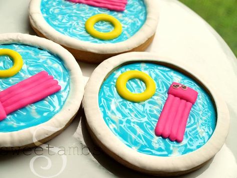 Pool Party Cookies, Pool Cupcakes, Summer Sugar Cookies, Pool Party Cakes, Pool Cake, Beach Cookies, Party Cookies, Fondant Cupcake Toppers, Summer Cookies