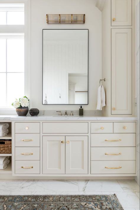 Bathroom Finish Details: Paint: Paint: Swiss Coffee at 75% strength by Benjamin Moore. Walls in Eggshell finish, trim in Satin finish, and ceiling in Satin finish. Floor, shower walls, and wainscoting tile: Standard white Contempo Tile in a Brickset Pattern. Cabinet color: Feather Down by Benjamin Moore Countertop: Calcutta Quartz Studio Mcgee Bathroom, Mcgee Bathroom, Drømme Bad, Mcgee Home, Master Bath Remodel, Bedroom Studio, Furniture Office, Studio Mcgee, Bathroom Renos