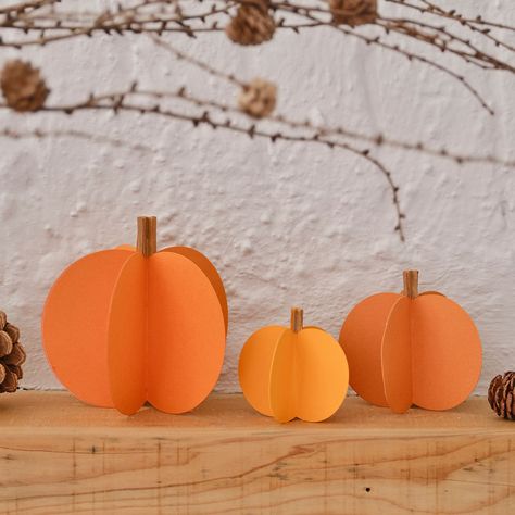 Cricut: How to Make Paper Pumpkins 3d Paper Pumpkins, 3d Paper Pumpkin, Calligraphy Pumpkin, Pumpkin Learning, Halloween Knitting Patterns, Pumpkin 3d, Halloween Pumpkin Diy, Autumn And Halloween, Pumpkin Table Runner