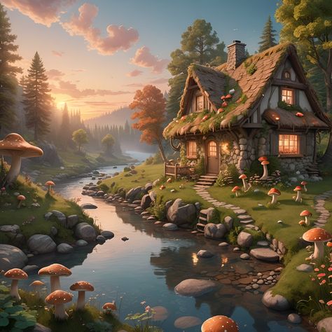 Cottagecore Scenery Cottagecore Concept Art, Cottagecore Scenery, Cottagecore Kingdom Aesthetic, Digital Art Cottage Core, Landscape Cottagecore, Cottagecore Scenery Painting, Dresser Painting, Sunset Scenery, Cozy Cottagecore