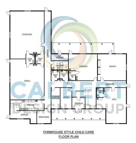 Childcare Floor Plans, Group Family Daycare Setup, Modern Daycare Design Exterior, Barndominium Daycare, Daycare Blueprints, Daycare Center Ideas Buildings, Kindergarten Design Plan, Farmhouse Daycare, Daycare Design Layout