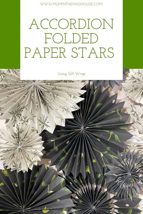 These accordion folded paper stars are so simple to make but look amazing. Such an addictive Christmas craft with easy to follow instructions. Paper Folded Stars, Paper Accordion Ornaments, Wrapping Paper Stars Diy, Folding Paper Stars, How To Make A Paper Star Easy, How To Make Paper Stars Easy, Folded Paper Stars Tutorial, Folded Paper Christmas Ornaments, Wrapping Paper Ornaments