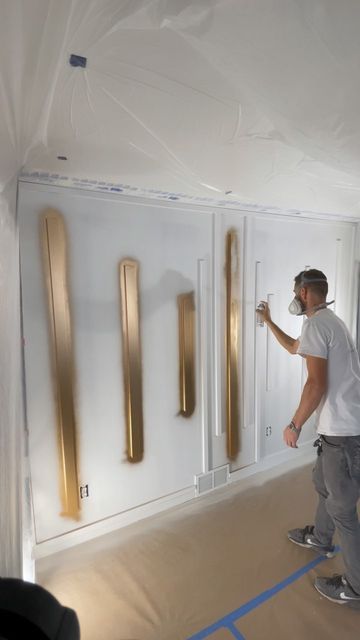 Martin G Painting LLC on Instagram: "Spraying some gold here 🤩 . . . . . . #2023 #realestate #paintings #kitchencabinets #sherwinwilliamspaint #top #color #newyear" Gold Paint Colors For Walls, Dining Room Design Grey, Gold Trim Walls, Entryway Paint, Gold Paint Colors, Metallic Paint Walls, Gold Painted Walls, Gold Accent Wall, Modern Paint Colors