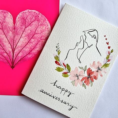 Cards For Wedding Anniversary, Engagement Cards Handmade Watercolour, Wedding Card Handmade Ideas, Watercolour Anniversary Cards Handmade, Wedding Anniversary Painting Ideas, Anniversary Watercolor Painting, Engagement Card Watercolour, Hand Painted Anniversary Cards, Wedding Card Design Handmade