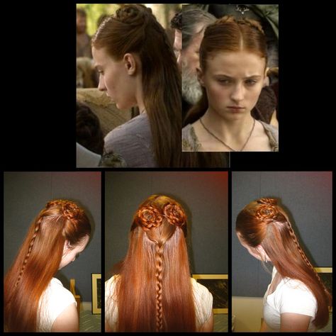 Ok, one more Sansa for good measure | Do You Want Hair Like Daenerys Targaryen? Game Of Thrones Hairstyles Sansa, Medevial Hairstyle, Hairstyle Sketches, Sansa Stark Hair, Sansa Stark Cosplay, Fantasy Hairstyles, Targaryen Hair, Game Of Thrones Costumes, Inspo Hair