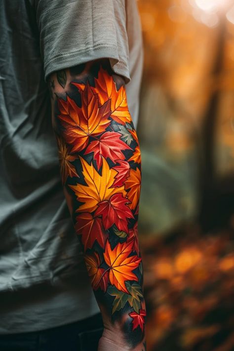 Get inspired by the beauty of fall leaves with these stunning autumn tattoo designs. Whether you're looking for a small and minimalist shoulder tattoo or a full sleeve design, there's something here for every woman who loves the cozy vibes of autumn. Embrace the changing seasons with a black and white fall leaves tattoo that will make you stand out from the crowd. Explore these unique and artistic autumn tattoo ideas to find your next favorite piece of body art! Autumn Sleeve Tattoo, Art Fusion Tattoo, Fall Tattoo Sleeve, Forest Theme Tattoo, Nature Tattoo For Men, Watercolor Sleeve Tattoo, Feminine Sleeve Tattoo, Autumn Tattoo Ideas, Woodland Tattoo Sleeve