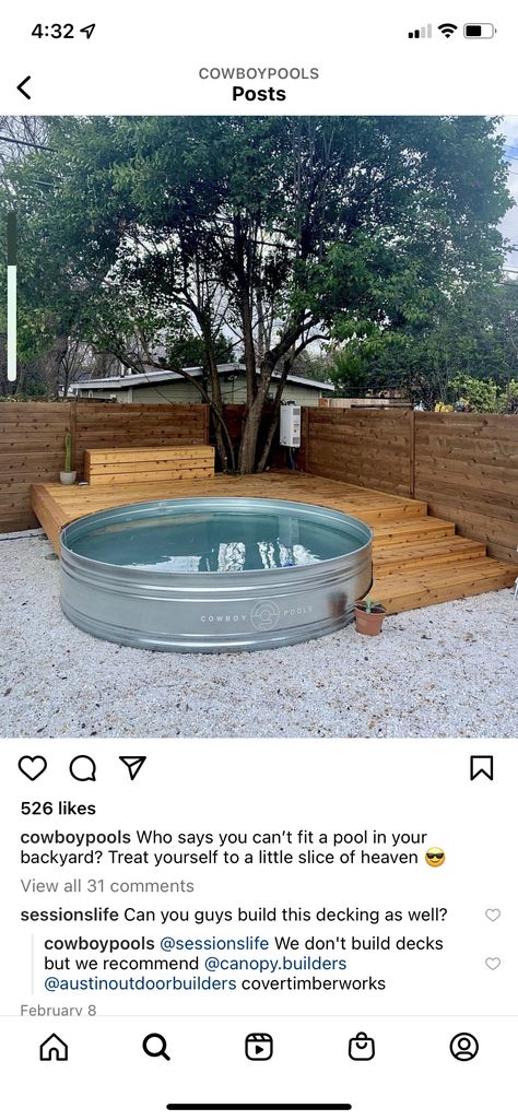 Cowboy Pool Deck, Cowboy Pool With Deck, Stock Tank Deck, Stock Tank Pool Deck, Austin Backyard, Pool Retaining Wall, Stock Tank Pool Ideas, Cottage Yard, Cheese House