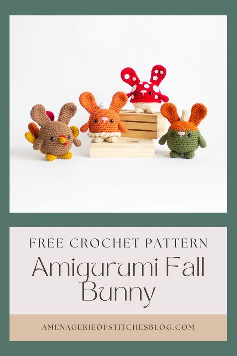 Celebrate the month of November with a brand new collection of Fall themed crocheted bunnies! This collection is the epitome of everything I love about Fall. Gourds, Mushrooms, Pumpkin Pie and even a turkey! Dress up your crocheted bunnies with these easy to make outfits. ***The FREE amigurumi crochet patterns can be found on my blog Amenagerieofstitchesblog.com*** Fall Themed Crochet, Easy Fall Crochet, Thanksgiving Diner, Crochet Thanksgiving, Diy Crochet Hook, Bunny Patterns, Yarn Projects Crochet, Fall Crochet Patterns, Fall Crochet