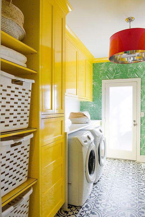 7 Dreamy Laundry Room Before and Afters | The Effortless Chic | Bloglovin’ Bright Green Laundry Room, Lemon Laundry Room, Coral Laundry Room, Yellow Laundry Room Ideas, Yellow Laundry Room, Yellow Laundry, Fun Laundry Room, Bright Laundry Room, Yellow Laundry Rooms