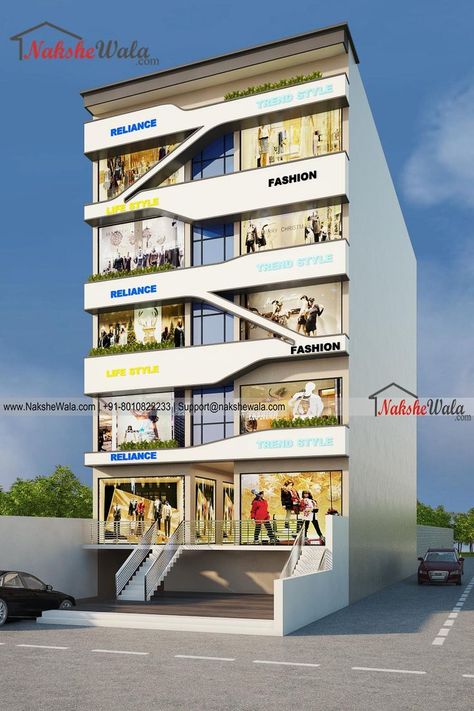 *Contact us at: +91-8010822233 *Visit our websites: https://www.nakshewala.com/commercial-building-elevation.php This building is about 40x100 sqft, it is made according to Vastu and West Facing. It has a lot of retails shop for different commercial. Any commercial building architect should value and consult their client’s vision and needs. If you need any infomation about this elevation or any questions, you can contact us or visit our website on given address. Commercial Building Elevation, Commercial Building Plans, Complex Building, Budget House Plans, Building Design Plan, Commercial Design Exterior, Bungalow Floor Plans, Architectural Lighting Design, House Outer Design