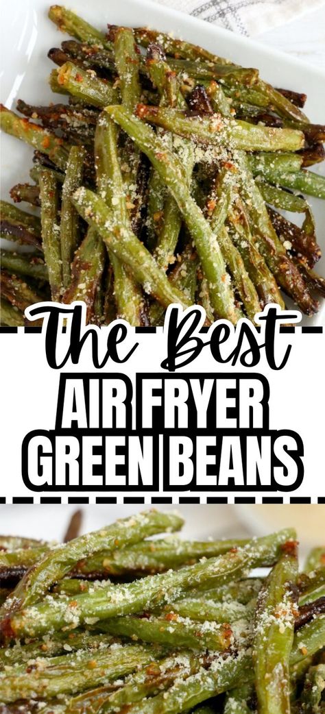 Closeup shot of air fryer green beans with parmesan cheese at top and bottom. Green Beans Vegan, Air Fryer Green Beans, Air Fried Green Beans, Crispy Green Beans, Parmesan Green Beans, Fried Green Beans, Cooking Green Beans, Garlic Green Beans, Frozen Green Beans