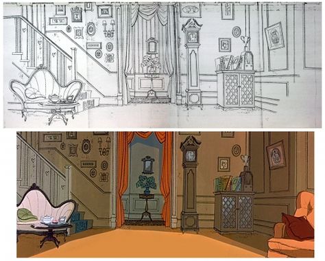 101 dalmations background sketch and painting Concept Art Landscape, Background Sketch, Otto Schmidt, 101 Dalmations, Bg Design, Disney Concept Art, Art Disney, 101 Dalmatians, Cartoon Background