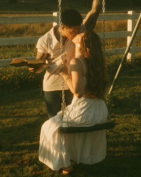 Washington Summer Engagement Session | Backyard | Summer Dresses | Cottage Core | Swings | Cinematic Love @zephyrandtide Couple Swinging, Cottage Core Photography, Old Time Love, Life Core, Cottage Couple, Old Love Aesthetic, Summer Romance Aesthetic, Vintage Love Aesthetic, Love Core