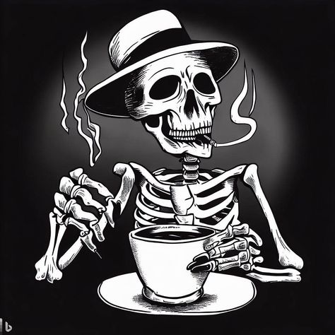 Coffee Black And White, Tatoo Styles, Black And White Tattoo, Skull Art Tattoo, Cake Drawing, Mexican Culture Art, Skeleton Tattoos, Funny Paintings