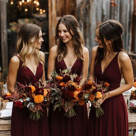 Top Fall Bridesmaid Dress Colors: Your Ultimate Guide to Chic Ideas - Yeah Weddings Merlot Wedding Colors, Mismatched Burgundy Bridesmaid Dresses, Burgandy Bridesmaids Dress, Fall Bridesmaid Dress, Deep Red Bridesmaid Dresses, Fall Bridesmaid Dress Colors, Wine Red Bridesmaid Dresses, Wine Color Bridesmaid Dress, Dark Red Bridesmaid Dresses