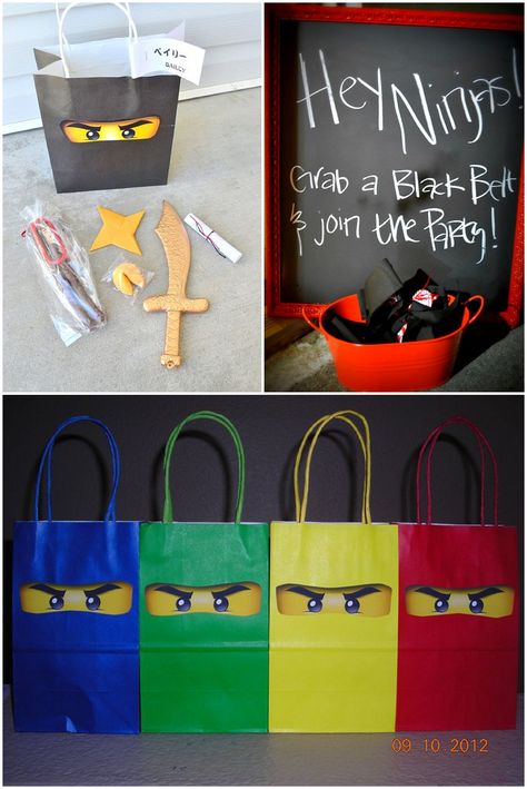 Lego Ninjago Party | Ellie Kelly Blog Ninjago Party Decorations, Ninjago Party Favors, Lego Party Bags, Ninja Party Decorations, Ninja Themed Birthday Party, Lego Party Decorations, Lego Ninjago Party, Lego Ninjago Birthday, Ninjago Birthday Party