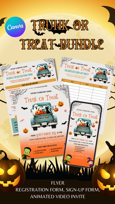 Create a Bundle Trunk or Treat Flyer with an animated video invite and a registration signup form for your school or church Halloween party. Make sure to include editable Trunk or Treat posters for easy customization.

***********************
What you will get?
>>8.5X11" size Flyer Template
>>8.5X11" Vehicle Registration Form
>>8.5X11" Volunteer Sign-Up Form
>>18 sec Animated Video Invite
>>User guide on how to edit on canva . Church Halloween Party, Trunk Or Treat Flyer, Church Halloween, Registration Form, Flyer Ideas, Halloween Poster, Trunk Or Treat, Halloween 2024, User Guide