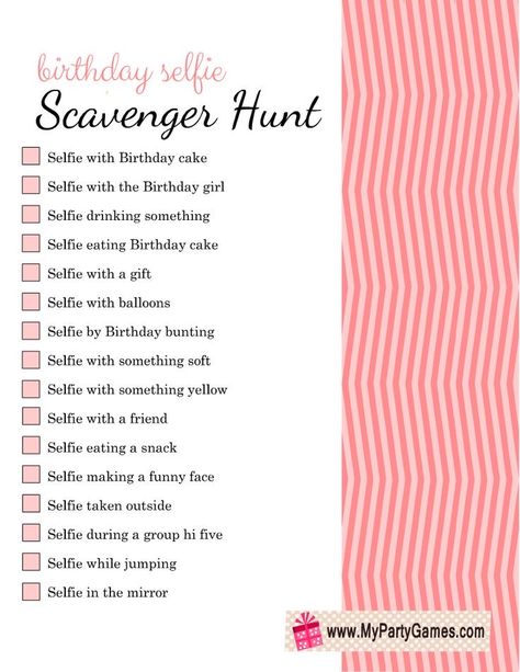 21st Birthday Activities, Sweet 16 Activities, 13th Party Ideas, Sweet 16 Sleepover, Teen Birthday Games, 14th Birthday Ideas, Selfie Scavenger Hunt, Easy Birthday Party Games, Sweet 16 Games