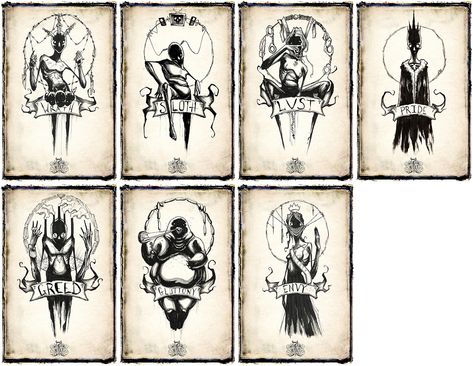 7 Sins Illustration, Necronomicon Tattoo, Seven Sins, The Seven Deadly Sins Tattoo, Seven Deadly Sins Tattoo Ideas, Seven Heavenly Virtues, Seven Deadly Sins Bible, 7 Deadly Sins Tattoo, Seven Deadly Sins Tattoo