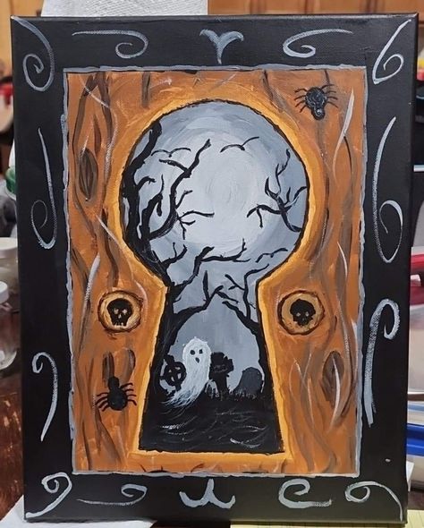 Keyhole spooky painting. Small Halloween Paintings, Keyhole Painting Ideas, Spooky Path Drawing, Spooky Halloween Paintings On Canvas, Key Hole Art, Keyhole Painting, Key Hole Paintings, Easy Spooky Paintings, Looking Through A Keyhole Art