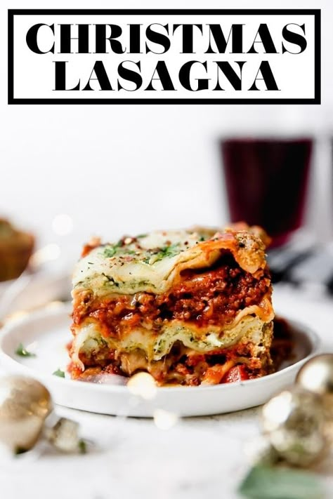 The most festive lasagna you'll ever meet: Christmas Eve Lasagna! A twist on classic lasagna bolognese, this lasagna boasts festive red & green layers of rich & hearty homemade bolognese sauce & basil pesto ricotta. Equally stunning & delicious, this Christmas Eve Lasagna is the perfect dish to make for any holiday dinner. #lasagnarecipe #classiclasagna #christmasdinner #christmasrecipes Allrecipes World’s Best Lasagna, Don Angie Lasagna Recipe, Lasagne Christmas Dinner, Christmas Lasagna Recipe, Christmas Eve Lasagna Dinner, Pesto Sausage Lasagna, Lasagna For Christmas Dinner, Bolognese Lasagna Recipe, Lasagna Recipe Ina Garten