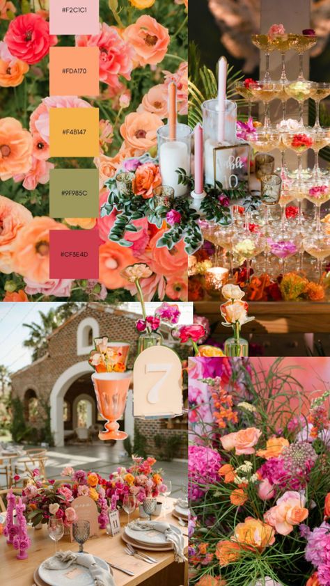 Sunset Wedding Theme, Unique Wreaths, Orange And Pink Wedding, Wedding Theme Color Schemes, Wildflower Wedding Theme, Wedding Color Pallet, Bright Wedding, Wedding Palette, Sunset Wedding