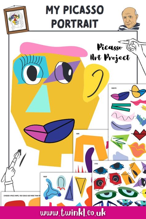 Picasso Art Project for Kids showing My Picasso Portrait Picasso Art Project, Picasso Inspired Art, Picasso Kids, Picasso Self Portrait, Picasso Collage, Collage Activity, Activities For Back To School, Portraits For Kids, Simple Art Activity