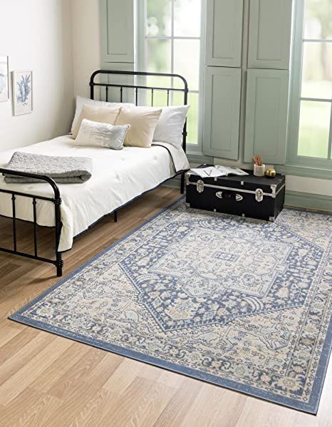 Unique Loom Whitney Collection Traditional Geometric French Blue Area Rug (9' 0 x 12' 0) Transitional Cottage, Quaint Cottage, Storybook Cottage, Urban Loft, Queen Bed Frame, Bed In Living Room, Dining Room Office, Unique Loom, Blue Area Rug