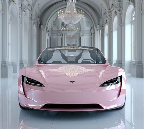 Light Pink Lamborghini, Dream Cars Tesla, Dream Car Pink, Pink Jaguar Car, Pearl Pink Car Wrap, Pink Tesla Model 3, Pink Tesla Interior, Pink Cybertruck, Pink Tesla Car